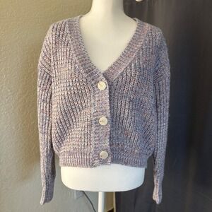 Grace+Karma Women Marled Purple Blue Cropped Chunky Knit Cardigan Sweater Size M